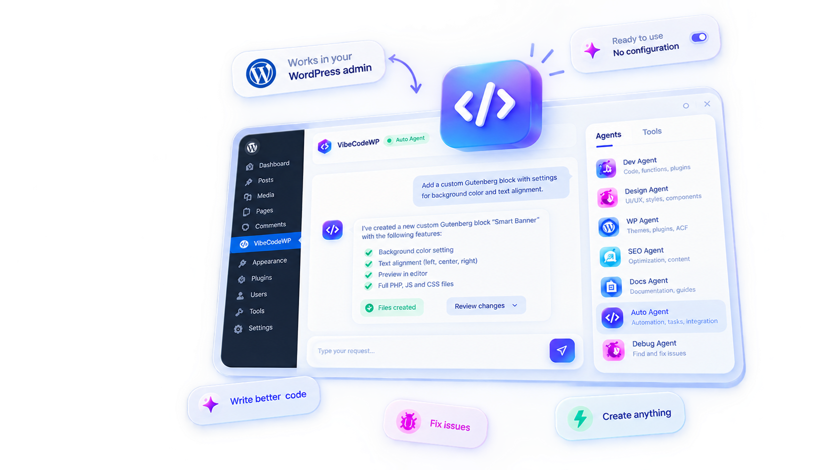VibeCodeWP agent inside WordPress admin