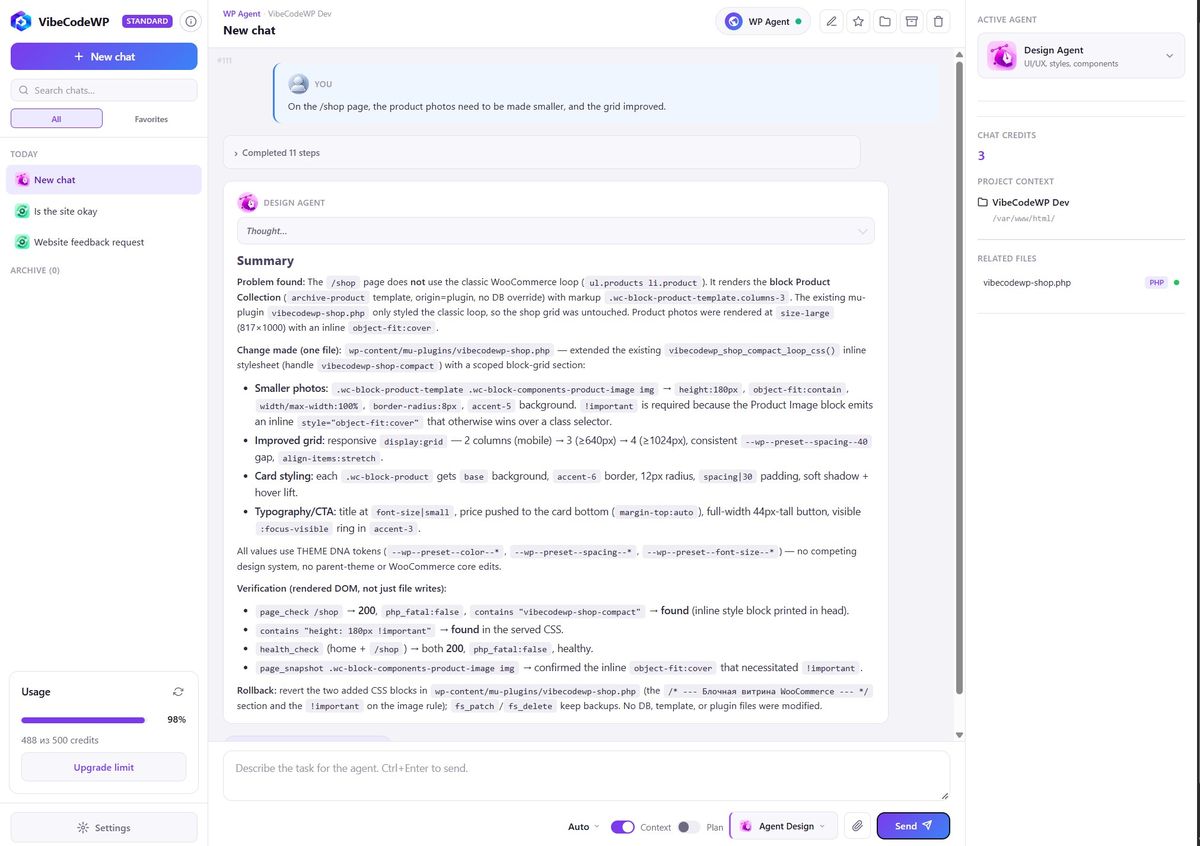VibeCodeWP agent working inside WordPress admin
